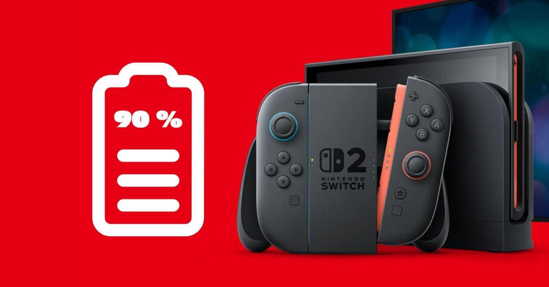 Nintendo Switch 2, daneben eine Batterie mit der Aufschrift „90 %“