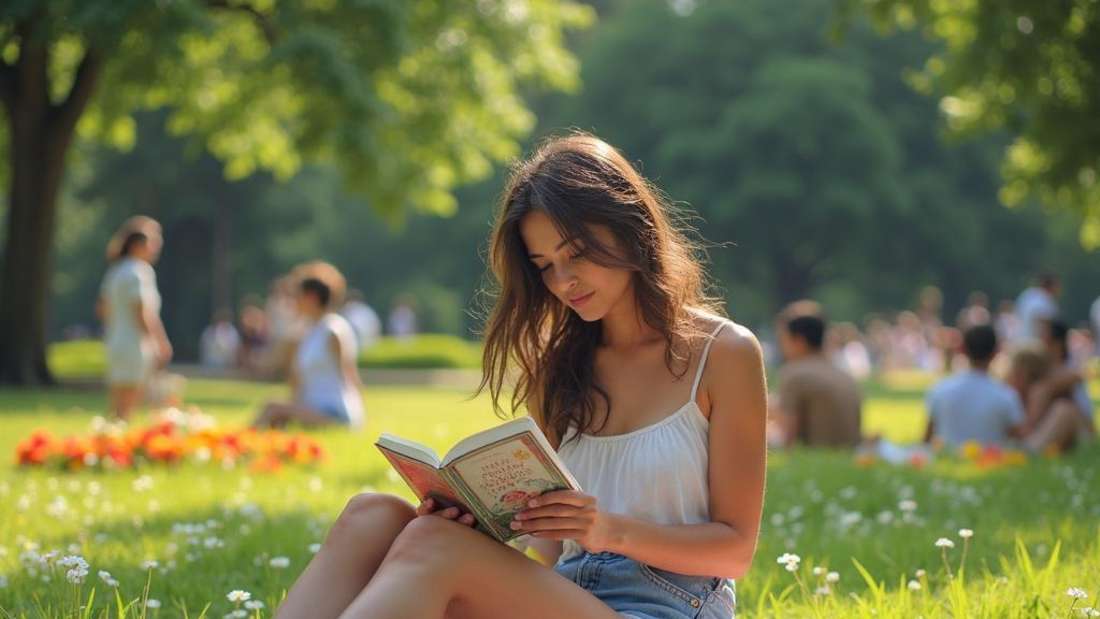 Eine junge Frau liest ein Buch in einem Park (Montage)