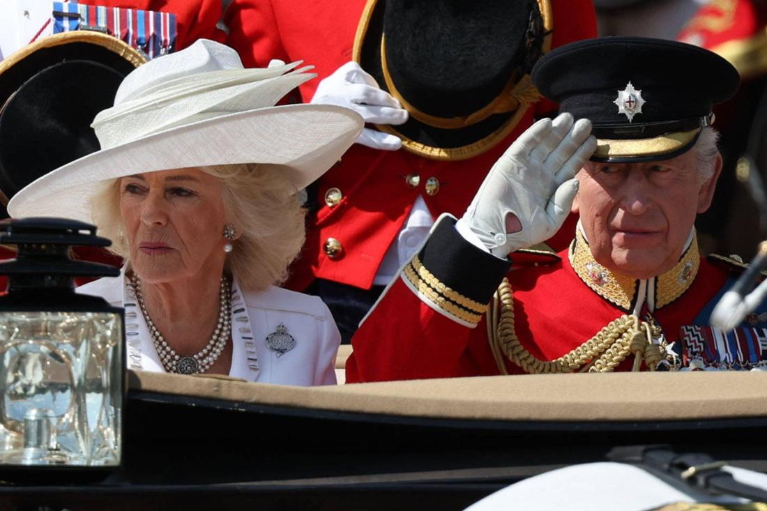 London, United Kingdom. UK Royals including King Charles III, Queen Camilla, Prince William, Kate Middleton, Prince George, Princess Charlotte and Prince Louis at Trooping the Colour in London.
