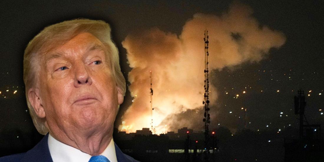 Donald Trump vor einer Explosion nach einem Angriff auf Teheran im Krieg zwischen Israel und dem Iran.
