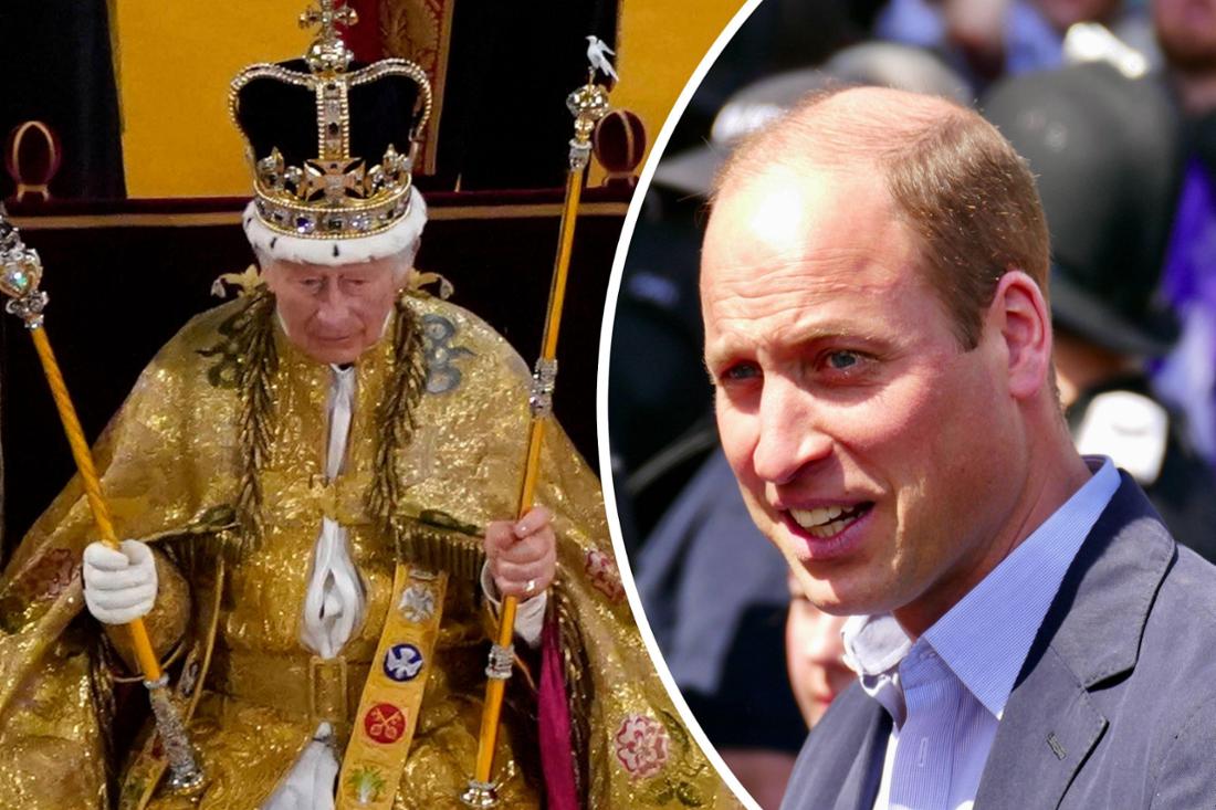 König Charles bei seiner Krönung am 6. Mai 2023 in der Westminster Abbey. Prinz William wolle viel weniger Pomp bei seiner künftigen Krönung, heißt es. (Fotomontage)