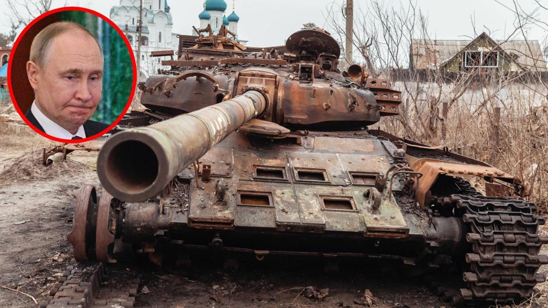 Zerstörter Panzer und Wladimir Putin mit zusammengekniffenen Lippen