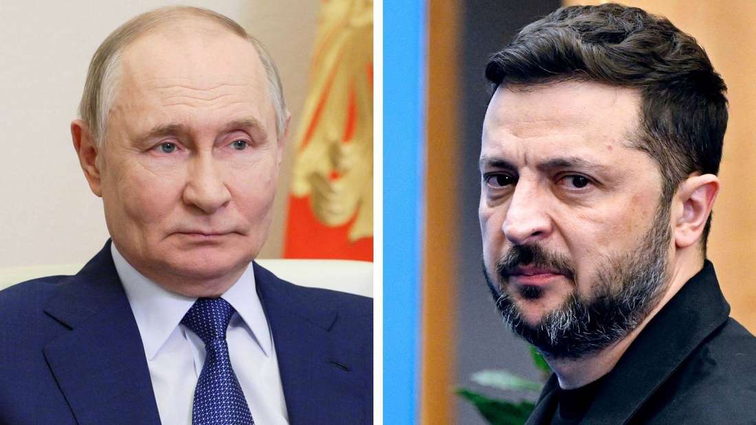 Links: Russlands Präsident Wladimir Putin schaut grimmig zur Seite. Rechts: Der ukrainische Präsident Wolodymyr Selenskyj schaut grimmig zur Seite.