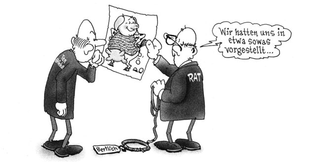 Zwei Comicfiguren sehen sich ein Plakat an, auf dem eine Eierlegende Wollmilchsau zu sehen ist.