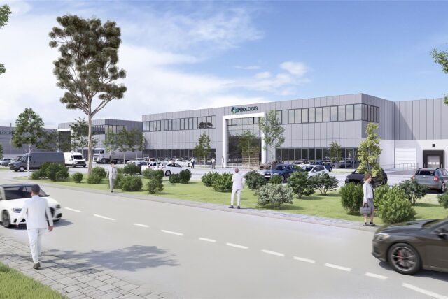 Animation einer geplanten zentralen Halle des Prologis-Logistikparks in Dortmund.