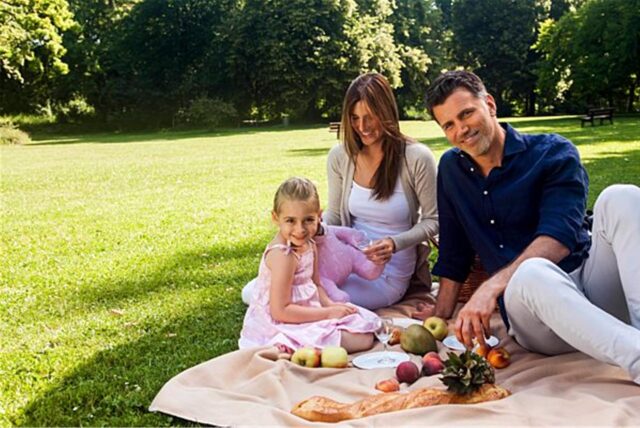 Eine Familie genießt ein Picknick auf einer Decke im Grünen. Brot, Obst und Getränke sind bereitgestellt, während das Kind neben einem rosafarbenen Stofftier sitzt.