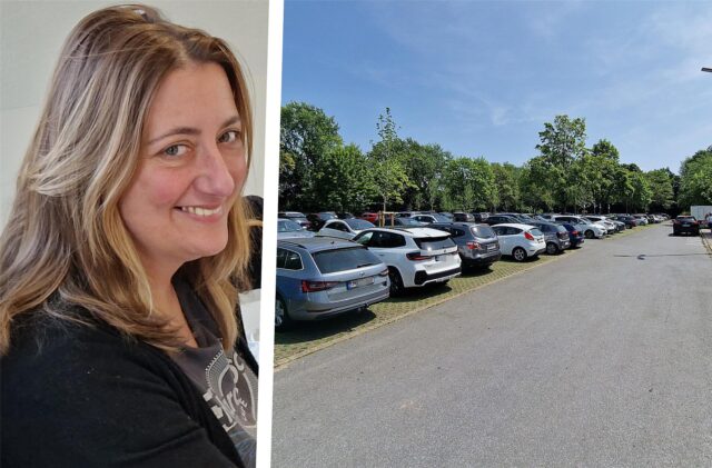 Ordnungsamtsleiterin Stefanie Heinrich und daneben viele Autos auf dem gefüllten Parkplatz des Holzwickeder Freibads.