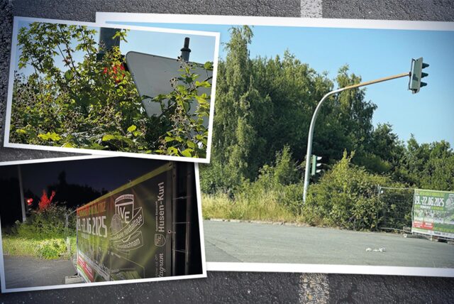 Wer dem grünen Linksabbiege-Pfeil an der Ampel oben links folgt, landet vor dem mit Gitter abgesperrten Ende der OWIIIa (Foto unten links). Noch unsinniger ist die Ampel auf dem Foto rechts. Sie leuchtet für Verkehrsteilnehmer aus dem abgesperrten Stück.