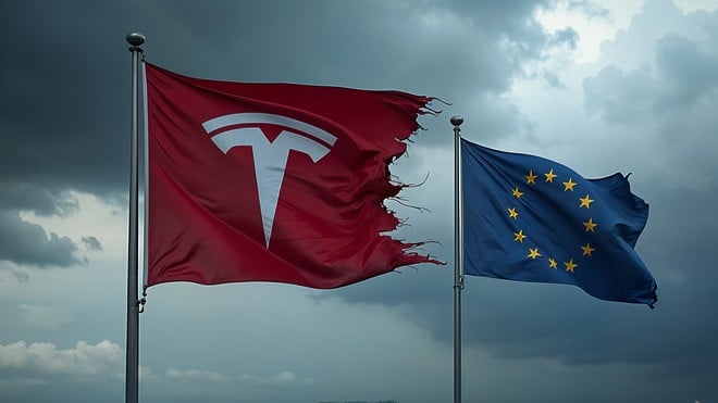 tesla, Eu, Elektroauto, Europa, Technologie, Europäische Union, Flagge, Krise, Fahne, Regulierung, Automobilindustrie, EU-Flagge, Flaggen, Spannung, Wirtschaftsbeziehungen, Sturmhimmel, Gewitterwolken, Windböen, zerfetzte Fahne, Marktsymbolik
