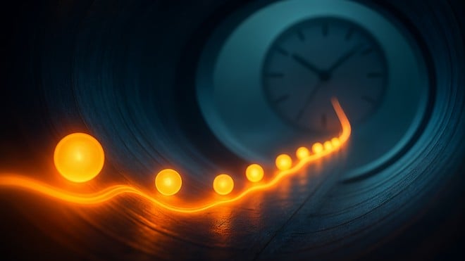 Uhr, Geschwindigkeit, Innovation, Zukunftstechnologie, Effizienz, Fortschritt, Digitale Transformation, Zeitmanagement, Dynamik, Lichtwelle, Quanten, Energiefluss, Lichtspuren, Zeitkonzept, Lichtbälle, Zeitvisualisierung