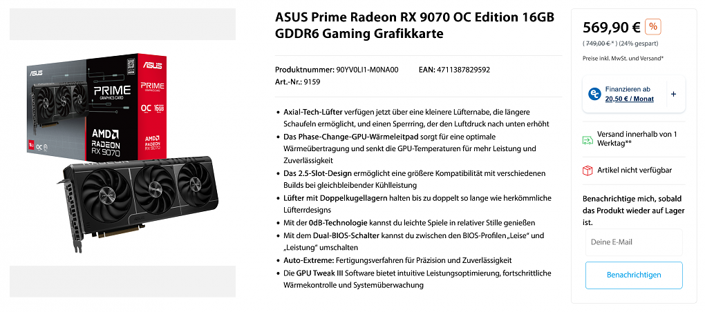 Asus Prime Radeon RX 9070 OC