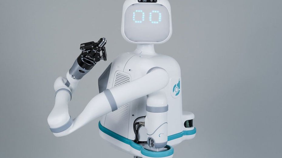 Ein Roboter-Oberkörper in weiß und türkis