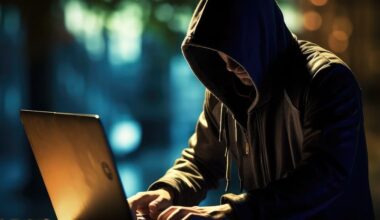 Mann mit Kapuzenpullover und verdecktem Gesicht vor einem Laptop als Symbol eines Online-Betrügers