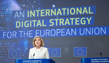 Henna Virkkunen, Executive Vice-President of the European Commission for Tech Sovereignty, Security and Democracy, gives a press conference on the International Digital Strategy