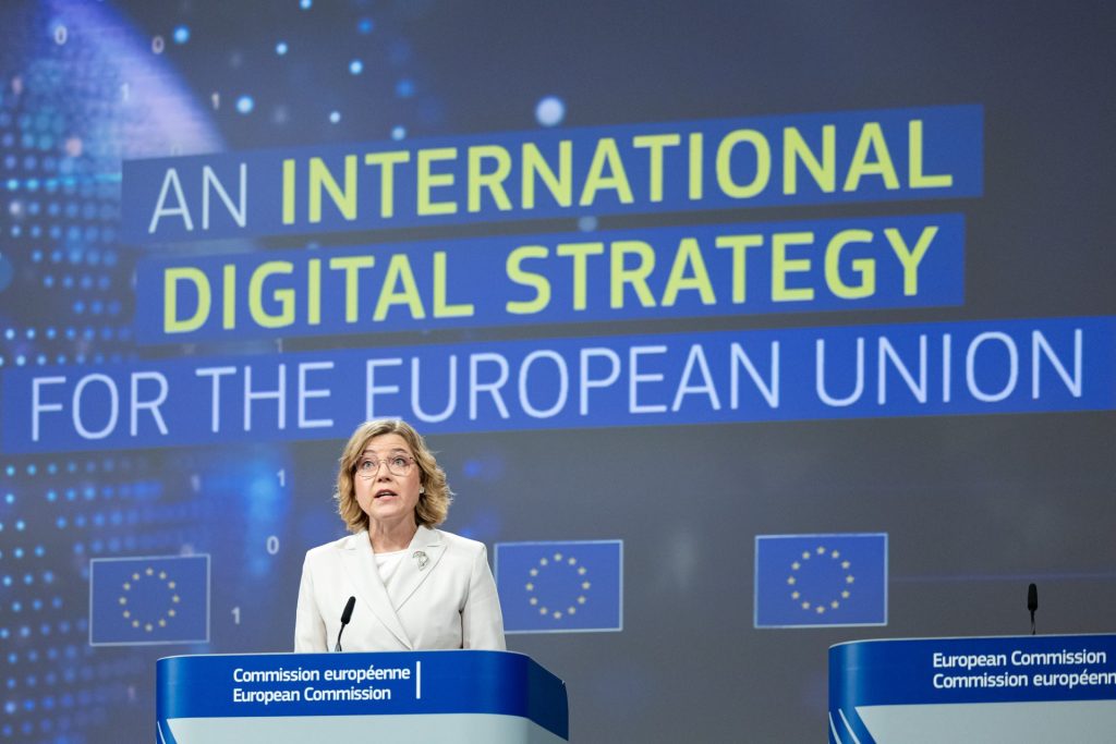 Henna Virkkunen, Executive Vice-President of the European Commission for Tech Sovereignty, Security and Democracy, gives a press conference on the International Digital Strategy