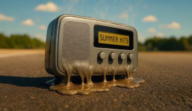 Schmilzendes Radio auf Strasse KI Bild