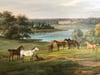 Das Gemälde von 1830 zeigt den berühmten Apfelschimmel "Herodot"  mit Stute und Fohlen vor der Kulisse Ivenacks. Ein Blick von Klockow aus. Gemalt von Albrecht Adam.