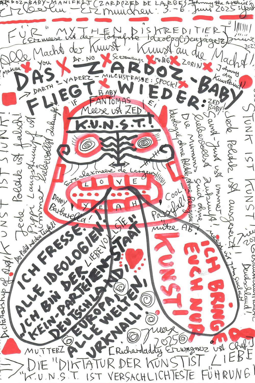 Das Manifest beginnt nicht an der Wand, sondern auf dem Körper. Jonathan Meeses Original-Scan „MEE MANIFEST 250418“ – nur als T-Shirt? In der Ausstellung „Der Kaiser ist nackt“ bei Kunzt66.