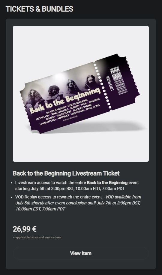 Screenshot von backtothebeginning.com mit Grafik, Preis und Beschreibung eines digitalen Livestream-Tickets