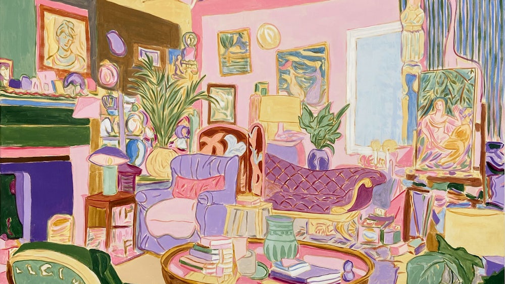 Mads Rafte Hein hat in seinem Gemälde „Livingleben“ (2025) ein opulentes Interieur geschaffen. Zu sehen bei Galerie Filser & Gräf.