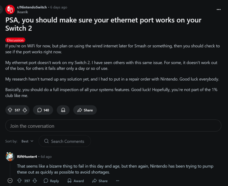 Probleme mit dem Ethernet-Anschluss der Nintendo Switch 2 (Bildquelle: Screenshot, Nintendo Switch-Subreddit)