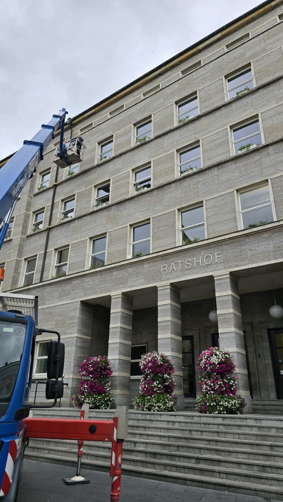 der Ratshof blüht wieder – Geranien an den Fenstern angebracht – Du bist Halle