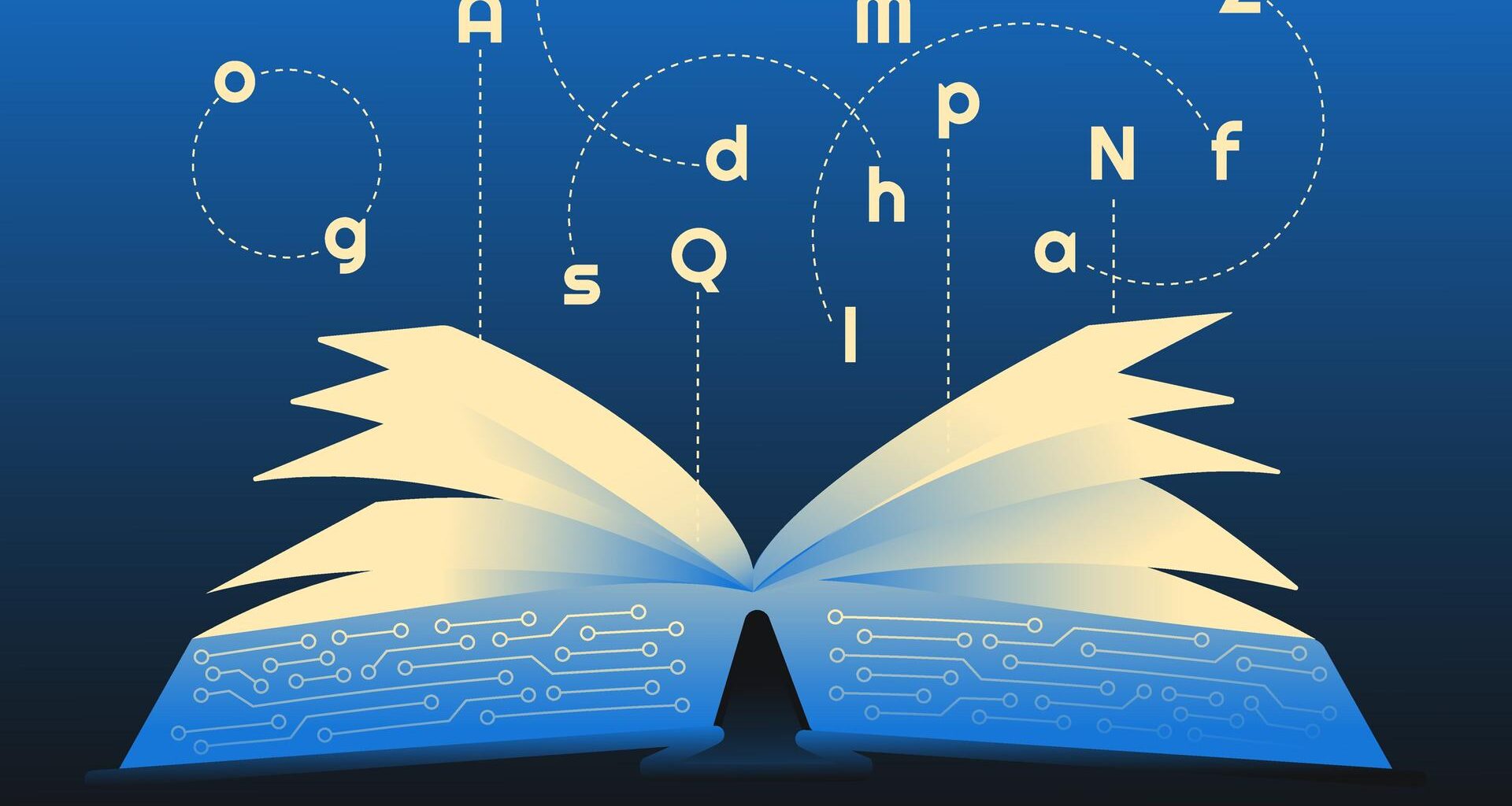Illustration eines Buches Mikroschaltkreisen und leuchtenden Buchstaben, welches Textgenerierung durch künstliche Intelligenz symbolisieren soll.