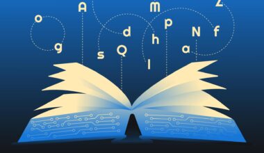 Illustration eines Buches Mikroschaltkreisen und leuchtenden Buchstaben, welches Textgenerierung durch künstliche Intelligenz symbolisieren soll.