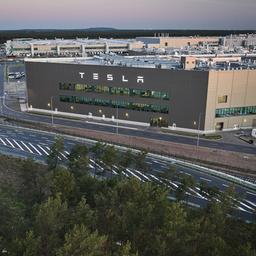 Symbolbild: Blick am frühen Morgen auf ein kleines Waldstück im Vordergrund und dem Tesla-Werk im Hintergrund. (Quelle: dpa/Carstensen)