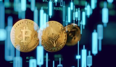 Goldene Bitcoin- und Ethereum-Münzen werden vor einem digitalen Hintergrund mit leuchtenden Finanzgrafiken und Candlestick-Charts dargestellt.