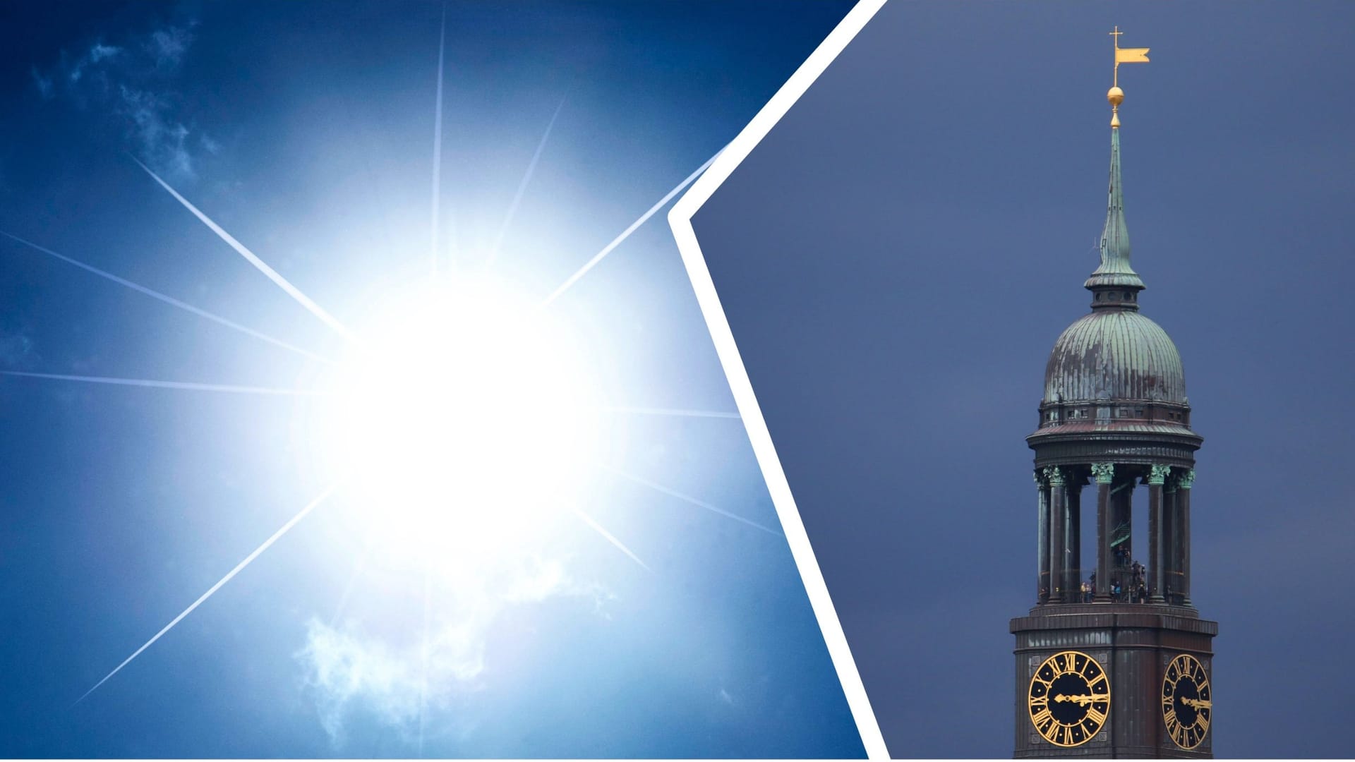 Sonne und der Hamburger Michel vor dunklem Himmel (Kollage): Es wird sommerlich und dann könnte es Hamburg knallen.