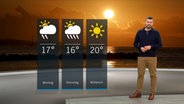 NDR Moderator Sebastian Wache steht im Studio mit der Wettervorhersage. © NDR 