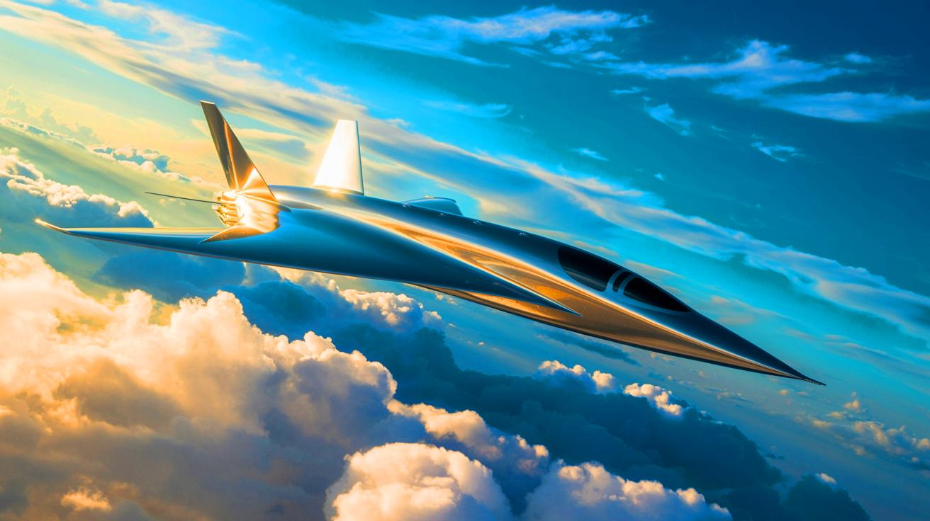 Illustration von einem hochmodernen Überschallflugzeug in voller Geschwindigkeit. Bild durch KI generiert.