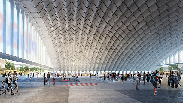Aus der denkmalgeschützten Paketposthalle soll ein großer überdachter Stadtplatz entstehen. Darunter könnte ein Konzertsaal für bis 3000 Besucher gebaut werden.