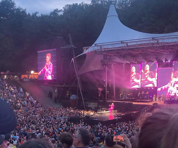 Für Sarah aus Hamburg (zu sehen auf der Leinwand hinter der Bühne) sang Robbie Williams den Hit "She's the One". Welche Dame er wohl in München auswählen wird?