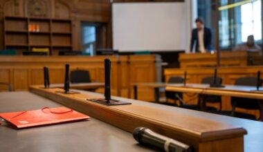 Eine rote Aktenmappe liegt auf einem Tisch in einem Verhandlungssaal im Kriminalgericht Moabit.