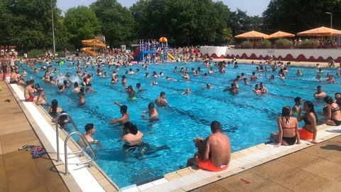 Bei 30 Grad herrscht Hochbetrieb im Schwimmbad Mainz-Mombach. Die Schwimmmeisterinnen und Schwimmmeister sind alle geschult, um auf aggressive Badegäste besonnen reagieren zu können. 