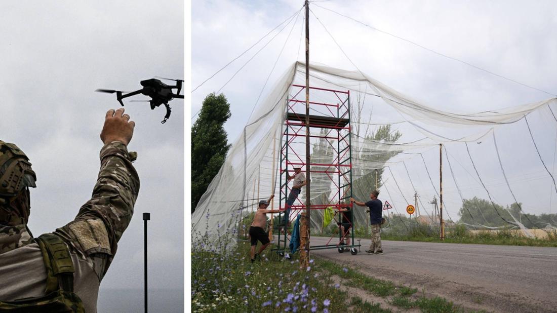 Russischer Soldat lässt Drohe fliegen, ukrainische Soldaten bauen Schutznetze vor Drohnen