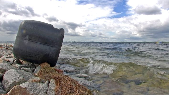 Ein Teil der Solaranlage auf dem Cottbuser Ostsee wurde ans Ufer angespült (Foto: rbb/Screenshot)