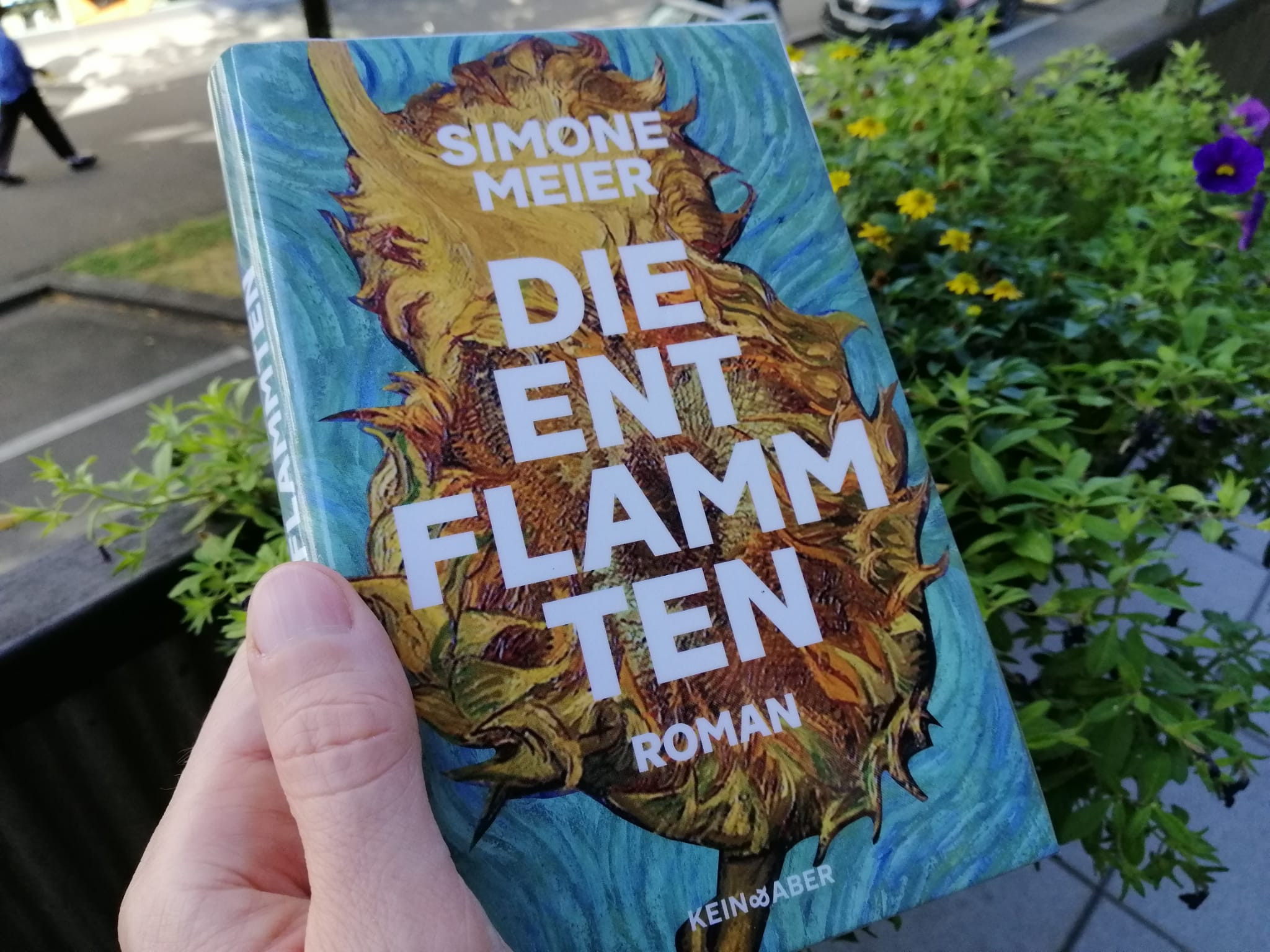 Ein Buch mit dem Titel ’Die Entflammten’ von Simone Meier wird in der Hand gehalten, im Hintergrund sind Pflanzen und eine Strasse zu sehen.