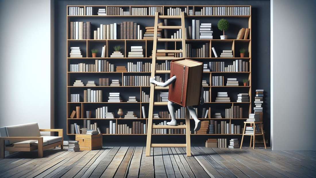 Ein Buch klettert eine Leiter an einer Bücherwand hinauf (Montage)