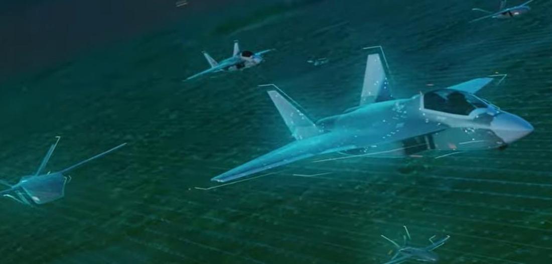 Eine Visualisierung von Airbus zeigt das geplante FCAS mit einem bemannten Kampfflugzeug und mehreren unbemannten Kampfjets in einer miteinander verbundenen Formation.