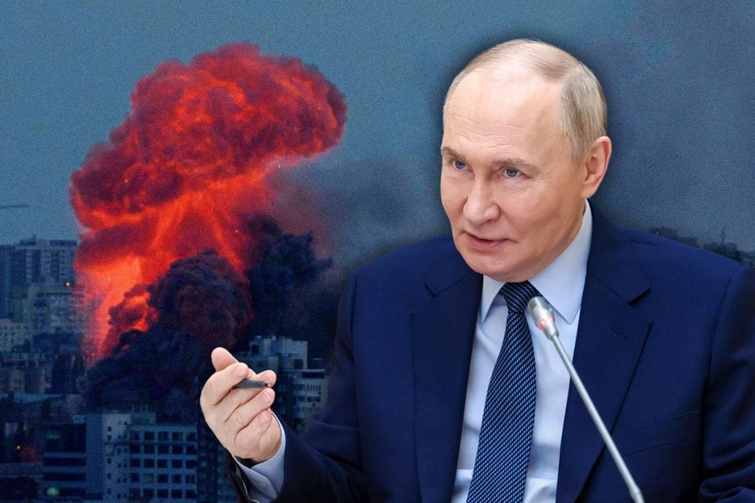 Wladimir Putin vor einer Explosion in Kiew im Ukraine-Krieg.