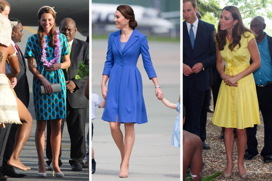 Prinzessin Kate auf den Salomonen (li. und re.) und auf dem Warschauer Flughafen mit jeweils zu kurzen Kleidern. Das mittlere Dress klappte beim Gehen auseinander und endete deutlich überm Knie.