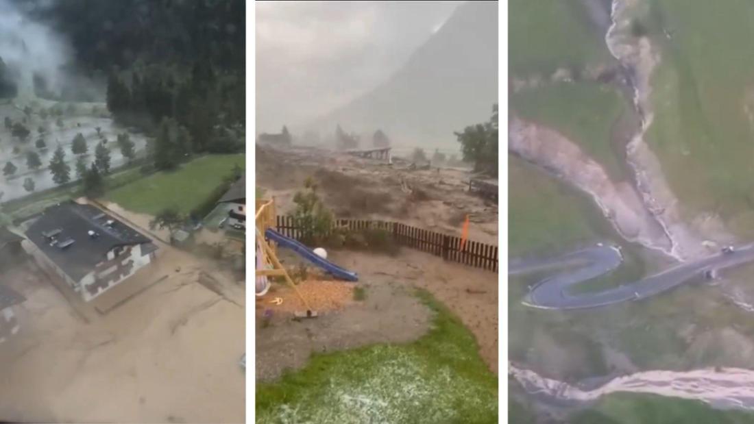 Unwetter in den Alpen: Schwere Überschwemmungen im österreichischen Gschnitz (links und Mitte), verheerende Erdrutsche in Italien (rechts).