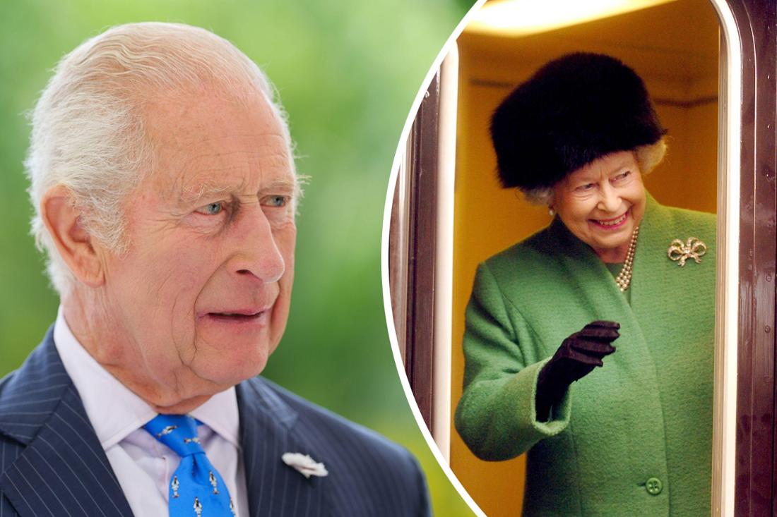 Links König Charles bei einem Natur- und Finanzempfang im Lancaster House am 25. Juni 2025 in London, rechts Queen Elizabeth 2005 im Royal Train am Bahnhof von Bristol.