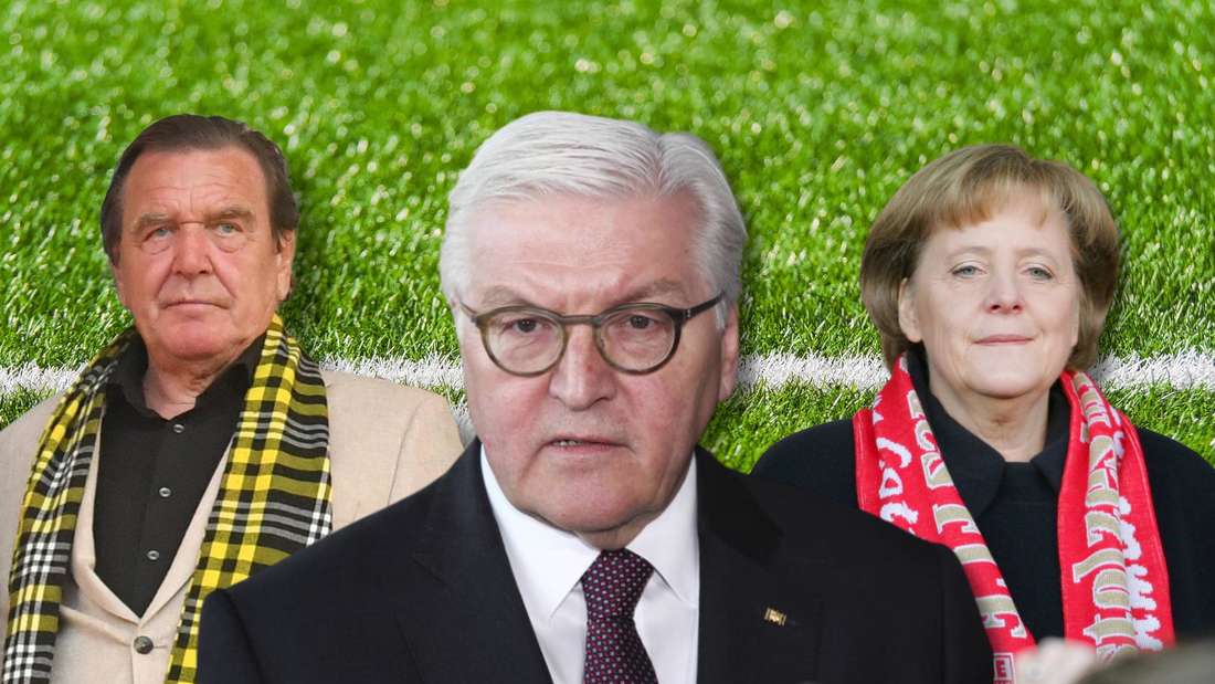 Schröder, Steinmeier und Merkel als Fußballfans.
