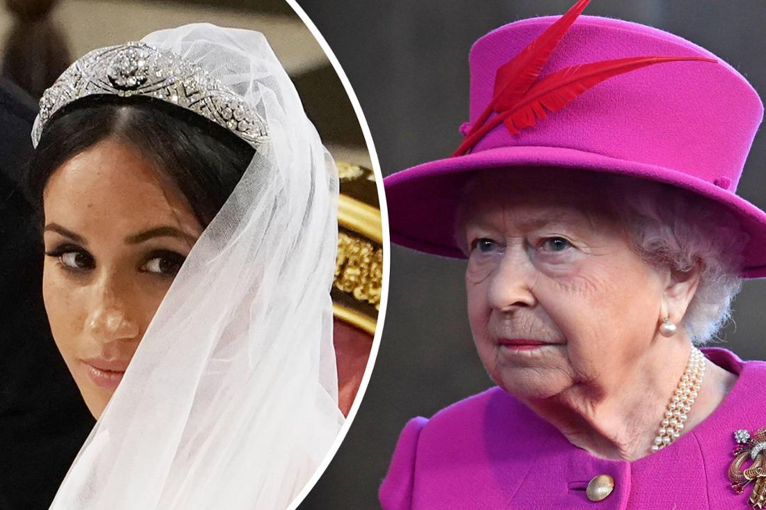 Links Meghan Markle 2018 am Tag ihrer Trauung, rechts Queen Elizabeth 2018 bei einem Termin in London.