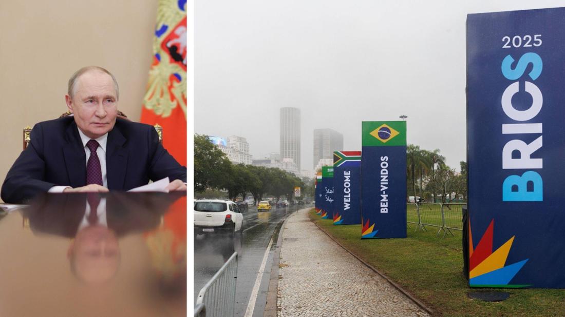 Putin und Blick auf Rio mit BRICS-Schildern