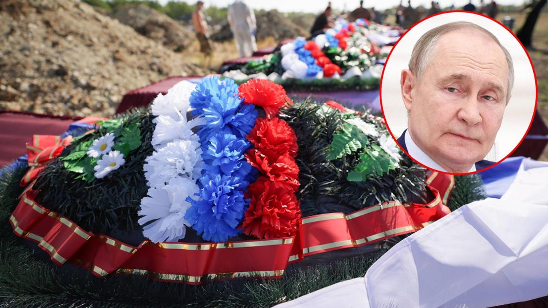 Särge mit Gestecken in russischen Farben, Wladimir Putin eingeklinkt